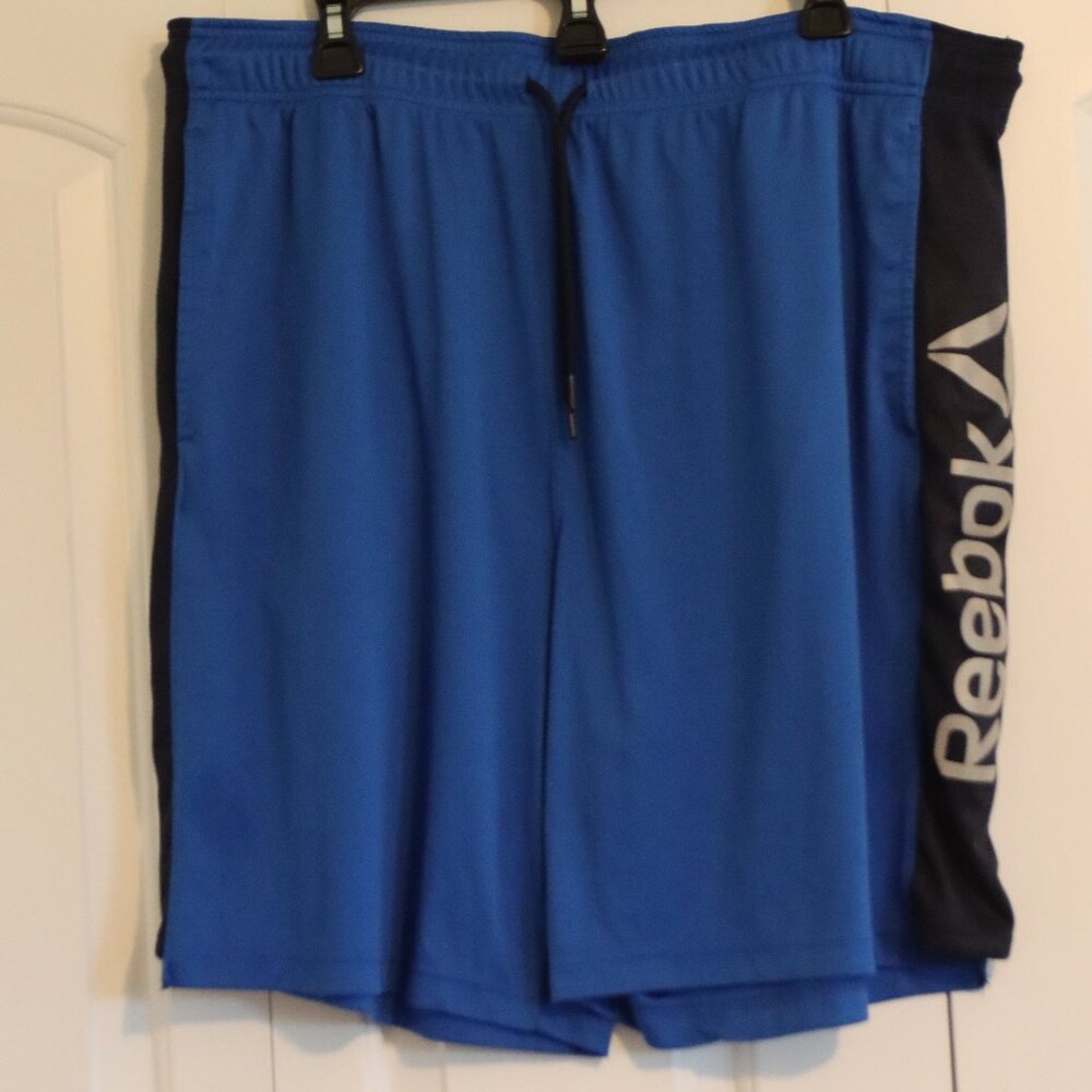 Reebok Men Blue Black Long Basketball Shorts Size 2XL Drawstring Athletic Lounge